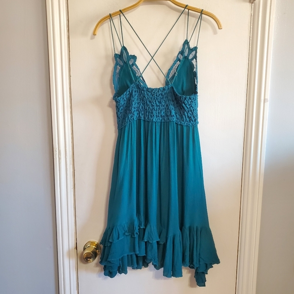 Free People Adella turquoise Slip Lace trim Dress Size S Asymmetric Boho Fairy - Picture 6 of 16